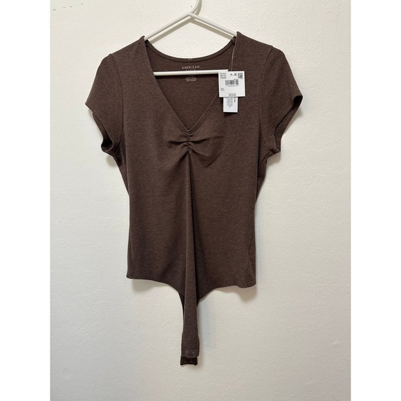 American Eagle By Payless Tops - American Eagle NWT Brown Ribbed V Neck Bodysuit Short Sleeve Snapped Closure,  L